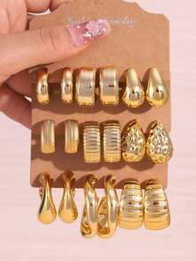 6/18pcs Fashionable Luxury Minimalist Water Drop & Smooth C-Shape Earring Set, Versatile Gift For Girlfriend/Best Friend - Gold - View 7