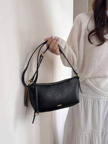 女士时尚复古油蜡皮革法棍单肩包 - 黑色 - 查看 4