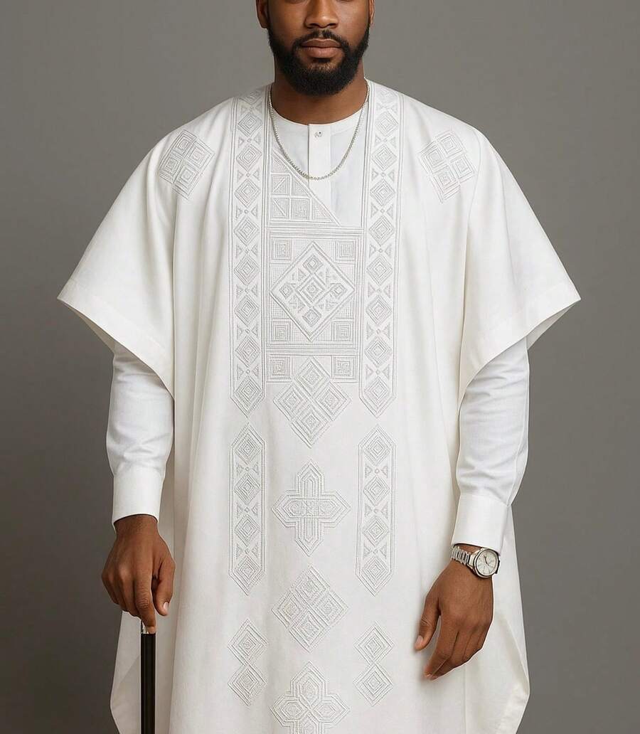 White 3-Piece Agbada Set For Men – Elegant & Royal Style, Embroidered Robe, Long Sleeve Shirt + Elastic Waist Pants | Stylish African Outfits For Parties, Everyday Wear, Weddings, And Cultural Celebrations, Men's Matching Set - 白色 - 查看 1