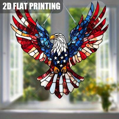 2D Flat Decoration - 2D Printed Pattern, July 4th Holiday Decor - Sunlight Catcher With American Flag, Eagle And Stars - Patriotic Independence Day Style Window Decoration - Acrylic Decor Suitable For Indoor/Outdoor - Ideal Gift For Home And Celebration