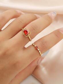2件套红色锆石时尚戒指套装，优雅个性戒指套装，适合女士日常佩戴 - 金色 - 查看 6