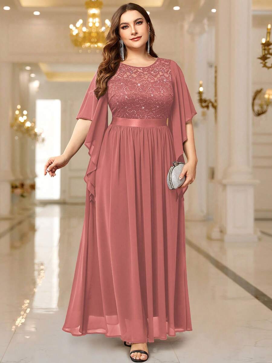 Plus Elegant Sequin Floral Lace Chiffon Butterfly Sleeve Contrast Ruched Hem Formal Party Long Dress, Wedding Guest Dress - Bụi hồng - Xem 1