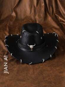 1pc Unisex Vintage PU Leather Metal Decor Embellished Western Cowboy Panama Hat Sun Hat Jazz Hat Cowboy Hat Soft Felt Hat Fedora Hat, Can Be Worn All Seasons - màu đen - Xem 7