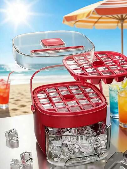 1个带盖加压制冰格，自制冰块模具，冰箱冰块储存盒，大容量冰块模具