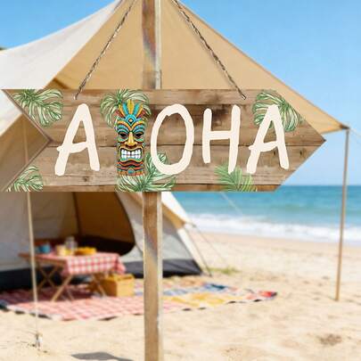 1pc Aloha Tiki Wooden Arrow Sign - Tropical Beach Bar Wall Decor, 10inch Rustic Wood Hanging Plaque With Palm Leaves & Tiki Mask, Hawaiian Themed Home Decor For Beach House, Tiki Bar, Poolside, Patio, Summer Party Decoration, Coastal Wall Art Gift