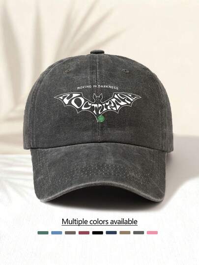 1顶水洗棒球帽，印有“蝙蝠”字母图案，美式复古简约休闲百搭时尚，高品质装饰四季皆宜，男女通用，适合户外活动