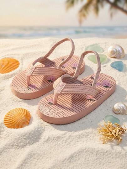 1 Pair Toddler Girls Cute Strawberry Print Thong Sandals, Open Toe Back Strap Casual Slippers, Sweet Flat Shoes For Summer Vacation & Pool(Random Pattern)