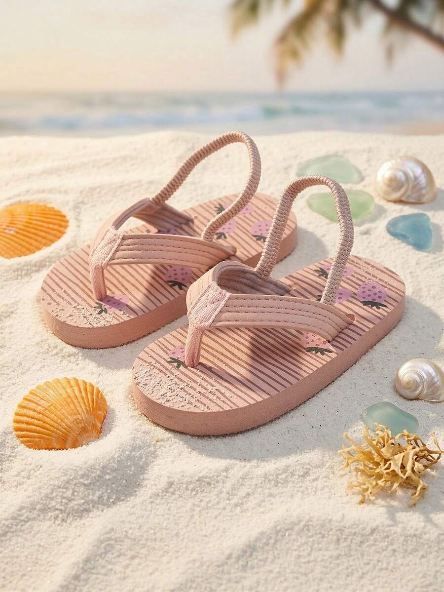 1 đôi dép xỏ ngón in hình dâu tây dễ thương cho bé gái, dép quai hậu hở ngón, dép bệt xinh xắn cho kỳ nghỉ hè và đi bơi (mẫu ngẫu nhiên) - Màu Khaki - Xem 1