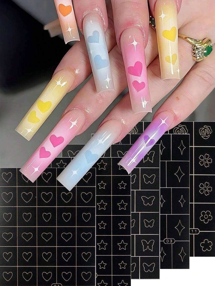 FULL BEAUTY Bộ 5 miếng dán móng tay hình trái tim, ngôi sao, hoa hồng, bướm, hoa anh đào, ngôi sao năm cánh, cánh chim, dụng cụ vẽ móng airbrush, phụ kiện làm móng DIY. - Nhiều màu - Xem 1