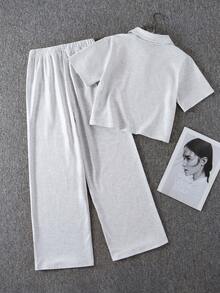 2pcs/Set Girls' Casual Chic Polo Collar Cropped Top And Wide Leg Embroidered Knit Pants, Summer Outfit - Grey - View 2