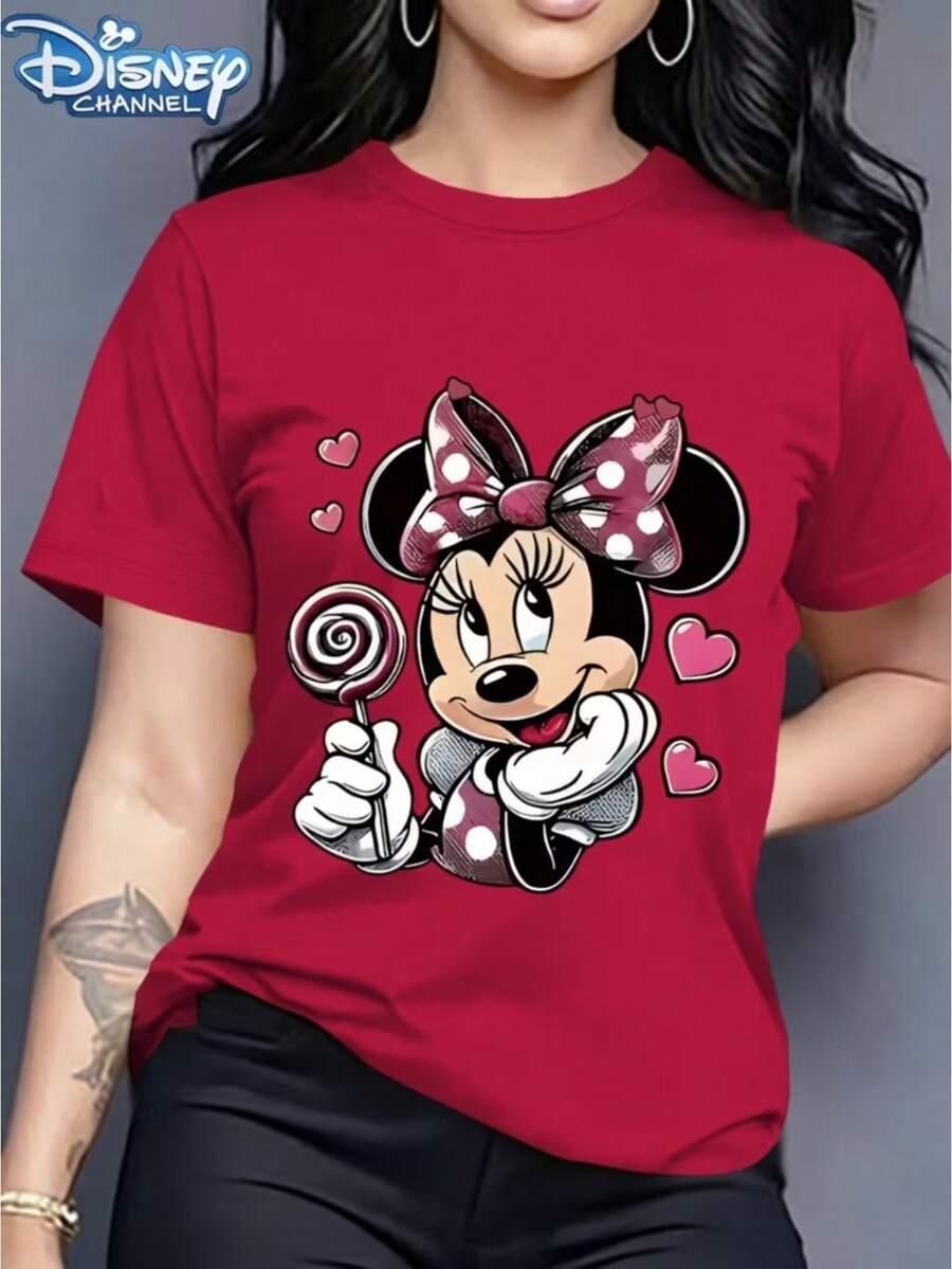 Disney Minnie Mouse Lollipop Short Sleeve T-Shirt For Women, MultipleColors Available, High-Definition Print With Heart Accents, Official Sweetand Cute Style - Đỏ - Xem 1