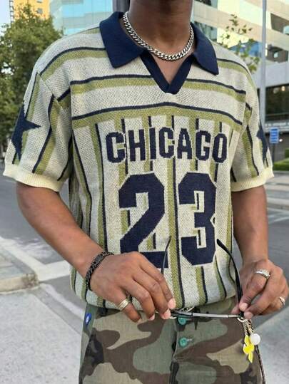  Áo len nam Andreilee mùa xuân/hè, phong cách thể thao thường ngày, đa năng, kẻ sọc, kiểu Chicago, cổ polo cài khuy nửa vạt, tay ngắn, chất liệu gân.