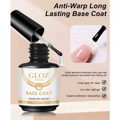 GLOZ 凝胶底油，适用于凝胶指甲油，免擦拭透明底胶，持久耐用，适合在家进行UV光固化美甲DIY