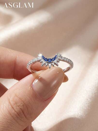 1枚精美锆石月亮戒指，925纯银基础款单枚戒指，优雅珠宝礼物，适合女孩，适合生日、舞会和其他场合。