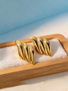 4对/1对不对称金属几何螺旋波浪钛钢耳环，百搭不锈钢耳环，可爱女士耳环套装 - 金色 - 查看 11