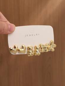 4/6/16pcs Fashionable Elegant Heart, Butterfly, Bear, Geometric Multi-Element Gold Metal Earring Set, Women Daily Wear Earring Set - Gold - View 9