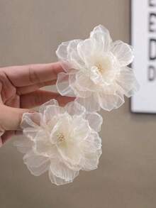 2pcs Ladies' Sweet White Mesh Flower Hair Clips, Suitable For Daily Use Boho Valentine's Day Valentines Hair Accessories For Women Claw Clips Hair Claws Hair Barrettes, School Stuff, Vacation Outfits Woman - White - View 1