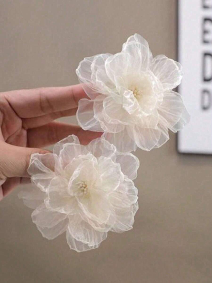 2pcs Ladies' Sweet White Mesh Flower Hair Clips, Suitable For Daily Use Boho Valentine's Day Valentines Hair Accessories For Women Claw Clips Hair Claws Hair Barrettes, School Stuff, Vacation Outfits Woman - White - View 1