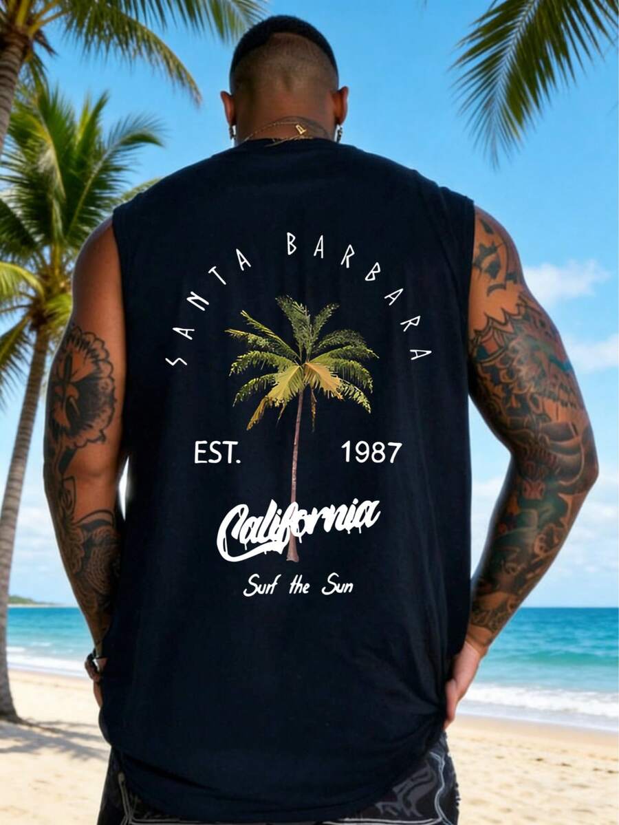 Plus Size Men's Holiday Casual Coconut Tree & Letter Print Tank Top - Navy Blue - View 1