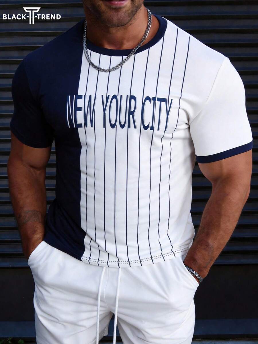 Camiseta de manga corta casual para hombres con bloques de color y rayas con eslogan de Nueva York - Multicolor - Ver 1