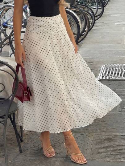 فستان نسائي أنيق متوسط الطول غير متماثل مع نقاط بولكا، مصنوع من قماش محبك مرن معتدل