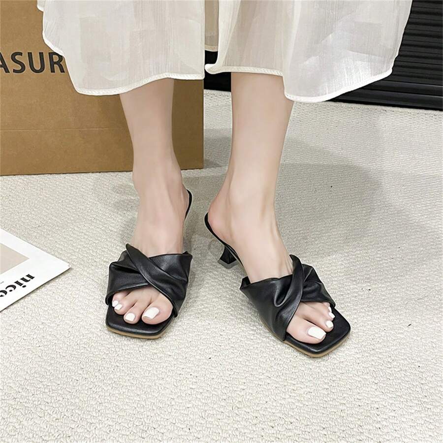 Giày sandal cao gót hở mũi đa năng dành cho nữ, kiểu dáng tối giản mùa hè mới, xếp ly, đối xứng, quai ngang gót, kiểu Pháp, thích hợp cho hoạt động ngoài trời. - màu đen - Xem 1