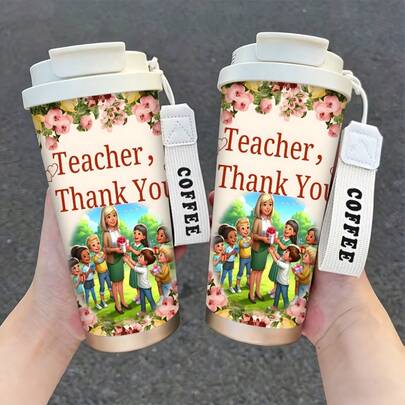 1/5 chiếc cốc giữ nhiệt bằng thép không gỉ 500ml dùng cho ô tô, in họa tiết hoa (chủ đề thầy cô và học sinh). Hoàn hảo cho Ngày Nhà giáo, Lễ Tạ ơn, Mùa tựu trường, Lễ tốt nghiệp, các bữa tiệc theo chủ đề, sinh nhật và các dịp lễ khác. Giữ đồ uống nóng hoặc lạnh. Tay cầm được gia cố chắc chắn.