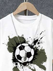 2pcs/Set Young Boy Football Graphic Print Short Sleeve T-Shirt And Cargo Shorts Casual Outfit - White - View 3