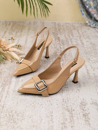 Khaki Lacquered Leather Backstrap Sandals, Metal Square Buckle Stiletto High Heels For Women, Casual Outdoor Western Style Street Chic Commute Business Nightclub Chinese Wedding Western Wedding Lolita New Chinese Style Sexy Party Boho Retro Wedding Chinese Style Elegant Party Punk Preppy Holiday Fashion PU Leather Buckle Bow Backstrap Design Commute Date All-Season New Style Brightening Leg-Lengthening