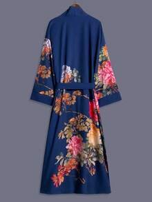 日式玫瑰印花中长款七分袖和服罩衫薄款外套，优雅派对/街头休闲罩衫，沙滩/度假装，轻薄长袍，含腰带，春季款 - 寶藍色 - 查看 1