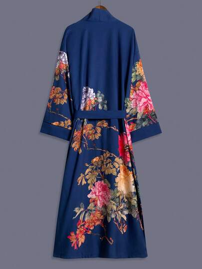 日式玫瑰印花中长款七分袖和服罩衫薄款外套，优雅派对/街头休闲罩衫，沙滩/度假装，轻薄长袍，含腰带，春季款