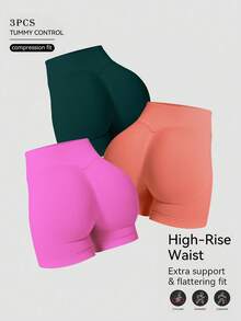 3 piezas Pantalones cortos deportivos de cintura alta delgada que levantan, de secado rápido para mujer, shorts de yoga negros, shorts de fitness, shorts para correr, shorts deportivos con forma de corazón que levantan el trasero, shorts moldeadores abdominales - Multicolor - Ver 1