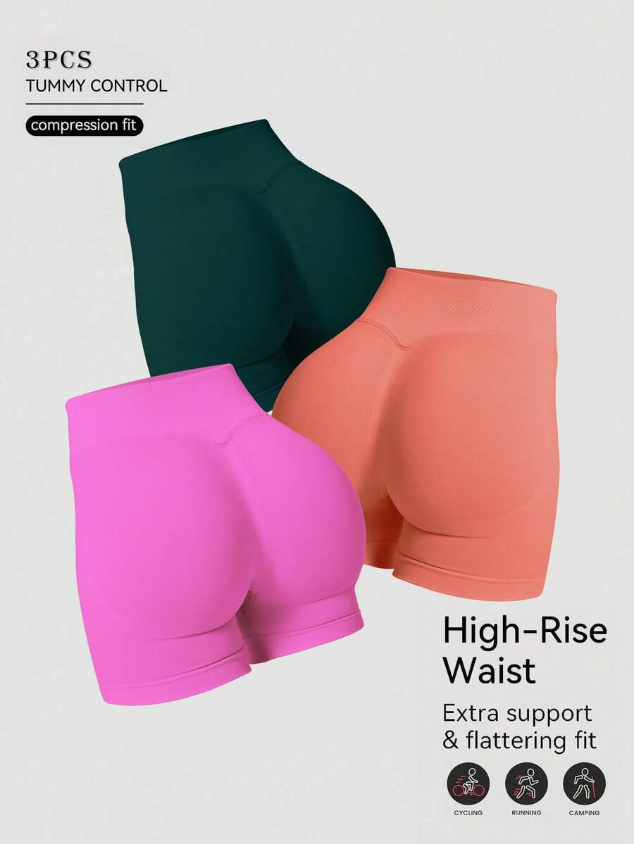 3 piezas Pantalones cortos deportivos de cintura alta delgada que levantan, de secado rápido para mujer, shorts de yoga negros, shorts de fitness, shorts para correr, shorts deportivos con forma de corazón que levantan el trasero, shorts moldeadores abdominales - Multicolor - Ver 1