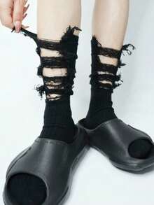 Distressed Striped Hobo Style Minimalist Streetwear Mid-Calf Slouch Socks For Women - Multicolor - View 6