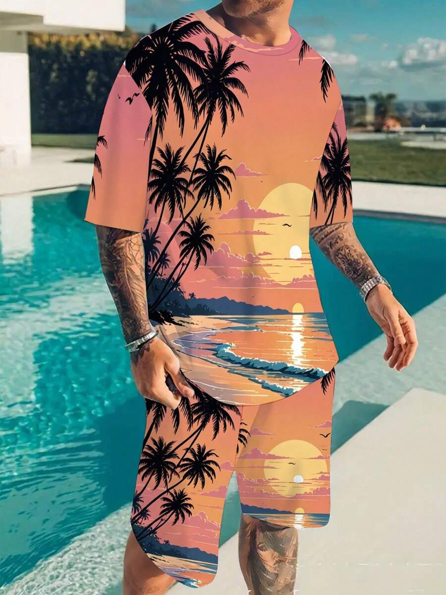 Set di camicia a maniche corte e pantaloncini con stampa da spiaggia per uomo, traspirante e ad asciugatura rapida, adatto per sport, tempo libero e uso quotidiano all'aperto. - Colori misti - Visualizzare 1