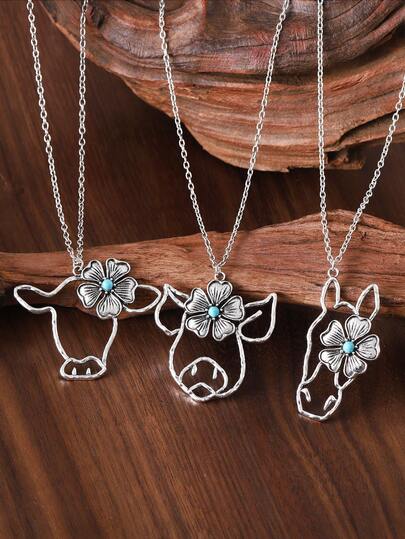 1件复古西部风格吊坠项链，简约镂空牛头、马头、花朵、绿松石吊坠，优雅波西米亚西部农场风可调节项链，女士礼物