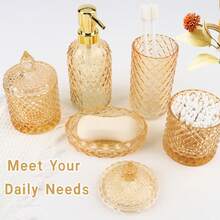 5-Piece Diamond-Cut Glass Bathroom Accessories Set, Rust-Proof Toothbrush Holder & Soap Dispenser, Tumbler & Cotton Jar, Modern Crystal Bathroom Decor - Back To School Gift For Dorm, Housewarming Gift - 金色 - 查看 5