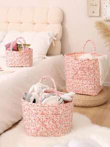 Pink Multi-Size Storage Basket Storage Basket, Desktop Sundries Storage Basket, Quilted Floral Storage Basket Laundry Basket Floral Clothing Storage Basket Large Capacity Laundry Basket Storage Bag Foldable Snack Basket With Handle Skincare Tool Storage Basket Toy Storage Basket Empty Basket Storage Bag - Pink - View 2