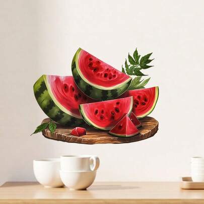 这款装饰墙贴以清爽的西瓜汁为主题，饰有新鲜西瓜片和薄荷叶，非常适合卧室、厨房、卫生间、客厅和浴室等场所。自粘可移除PVC墙贴是家居装饰的理想之选。