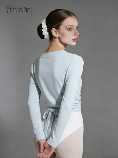 DonsGirl 1件女士法式长袖芭蕾舞上衣 - 交叉系带深V领修身纯色 | 适合健身、瑜伽、拉丁舞和日常穿着 春季