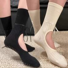 Summer Yoga Socks, Mid-Calf Non-Slip Backless With Drawstring Ribbon, New Pilates Dance Fitness Socks - Multicolor - View 2