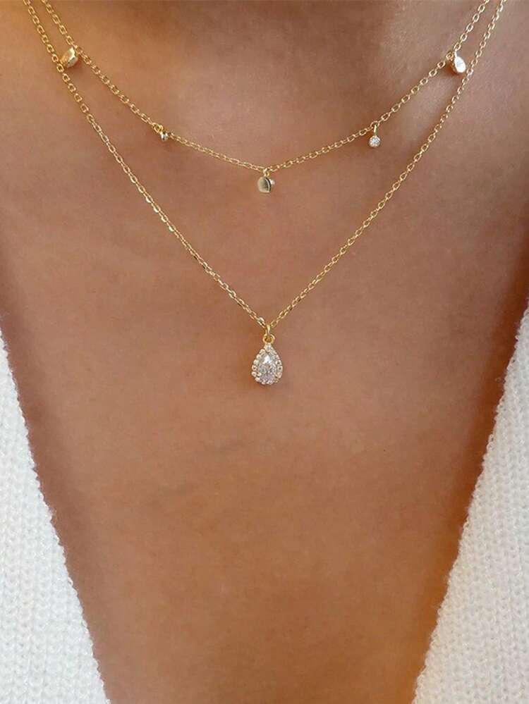 1pc Crystal Inlaid Double-Layer Water Drop Necklace - Silver - View 2