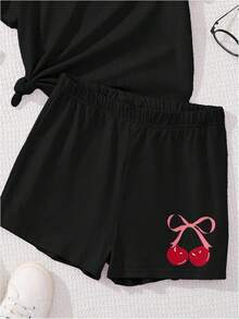Girls 2 Piece Summer Outfit Cherry Bow Graphic Tee & Shorts Set Cute Casual Outfits - 黑色 - 查看 6