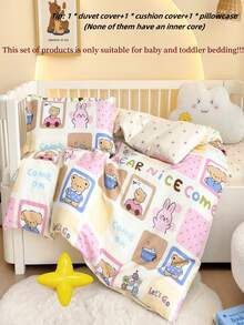 三件套卡通床上用品（1*被套+1*床垫套+1*枕套），舒适床上用品套装，可爱动物印花图案，被套尺寸：120*150厘米，不含填充物 - 粉色 - 查看 2