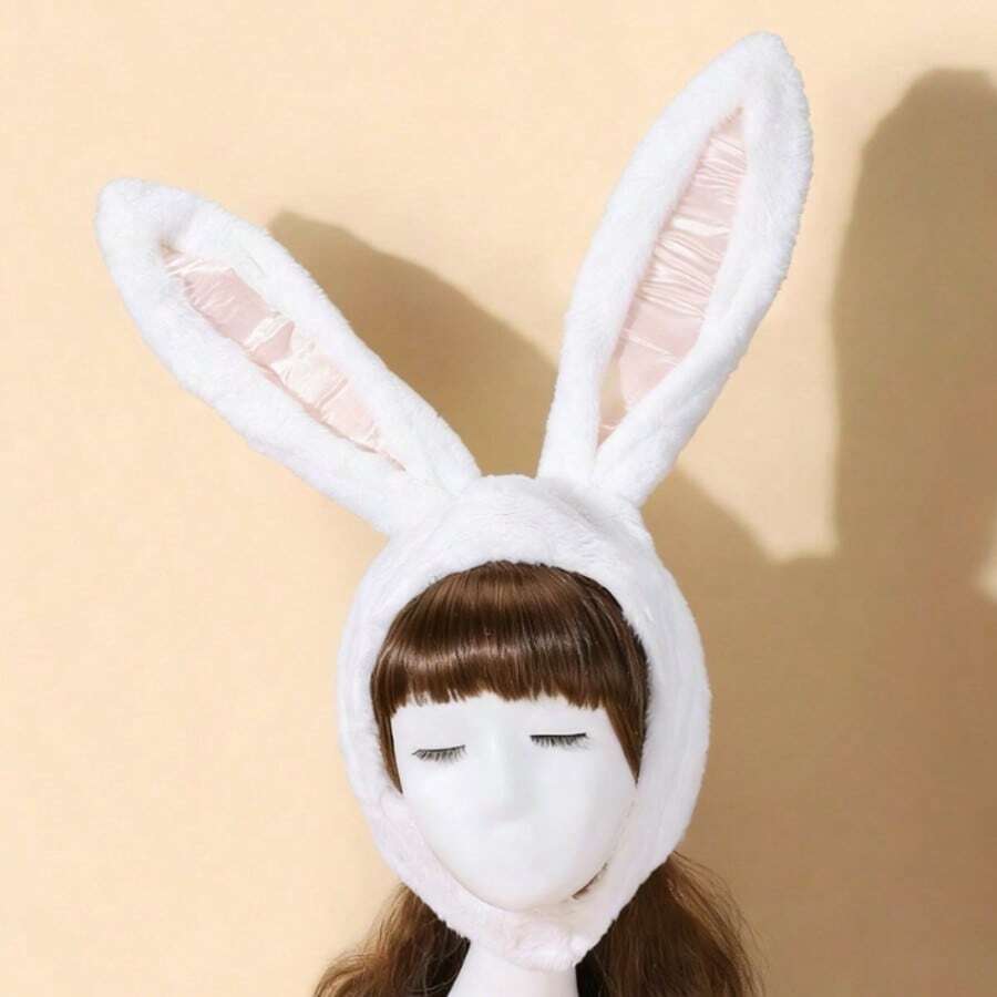 1顶女士纯色可爱卡通长耳兔子毛绒连帽帽，表演道具，秋冬夏季沙滩保暖护耳帽 - 長耳朵兔 - 查看 1