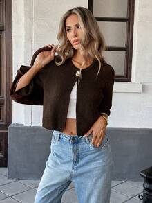 Brown Elegant Minimalist Round Neck Short Sleeve Knit Sweater For Women, Spring/Summer New Casual Loose Fit Commuting Cardigan, Comfortable Soft Beachwear For Holiday, Seaside - Brown - View 6