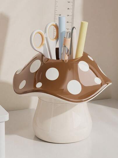 1pc Mushroom-Shaped Pen Holder, Resin Creative Desktop Pen Holder - Children's Day Gift, Student Stationery Storage Gadget (Red Top With White Dots / Brown Top With White Dots, Two Styles Available For Selection) With Scissors Slot And Large Capacity Pen Compartment. Simple And Cute Style Office And Study Essentials. Suitable For Study Room Tabletop, School Starting Gifts, Home Decoration And Warm Companionship Scenarios.