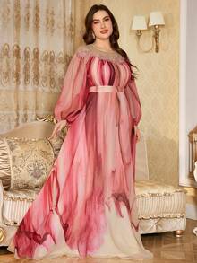 SUPGIR [Random Cut] Round Neck Lantern Sleeve Luxury Beaded Embroidery Decor Elegant Flared Hem Multi-Color Evening Gown Dress - Pink - View 5