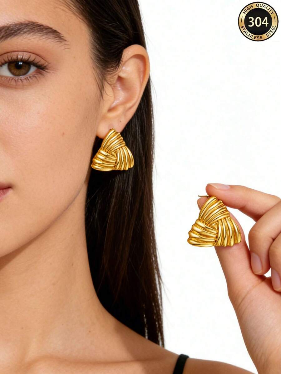 4对/1对不对称金属几何螺旋波浪钛钢耳环，百搭不锈钢耳环，可爱女士耳环套装 - 金色 - 查看 1