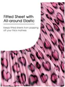 4件套 时尚亮粉色豹纹床单套装，易于打理的超细纤维柔软床上用品套装，花卉图案床笠套装（1张床单+1张床笠+2个枕套），床笠套装，适用于特大号、大号、标准双人床、单人床，床笠深口袋设计，枕套最大可达11.8英寸，柔软透气，不易起皱，更有利于睡眠，奢华酒店风格，送给父母、朋友的礼物 - 玫紅色 - 查看 5